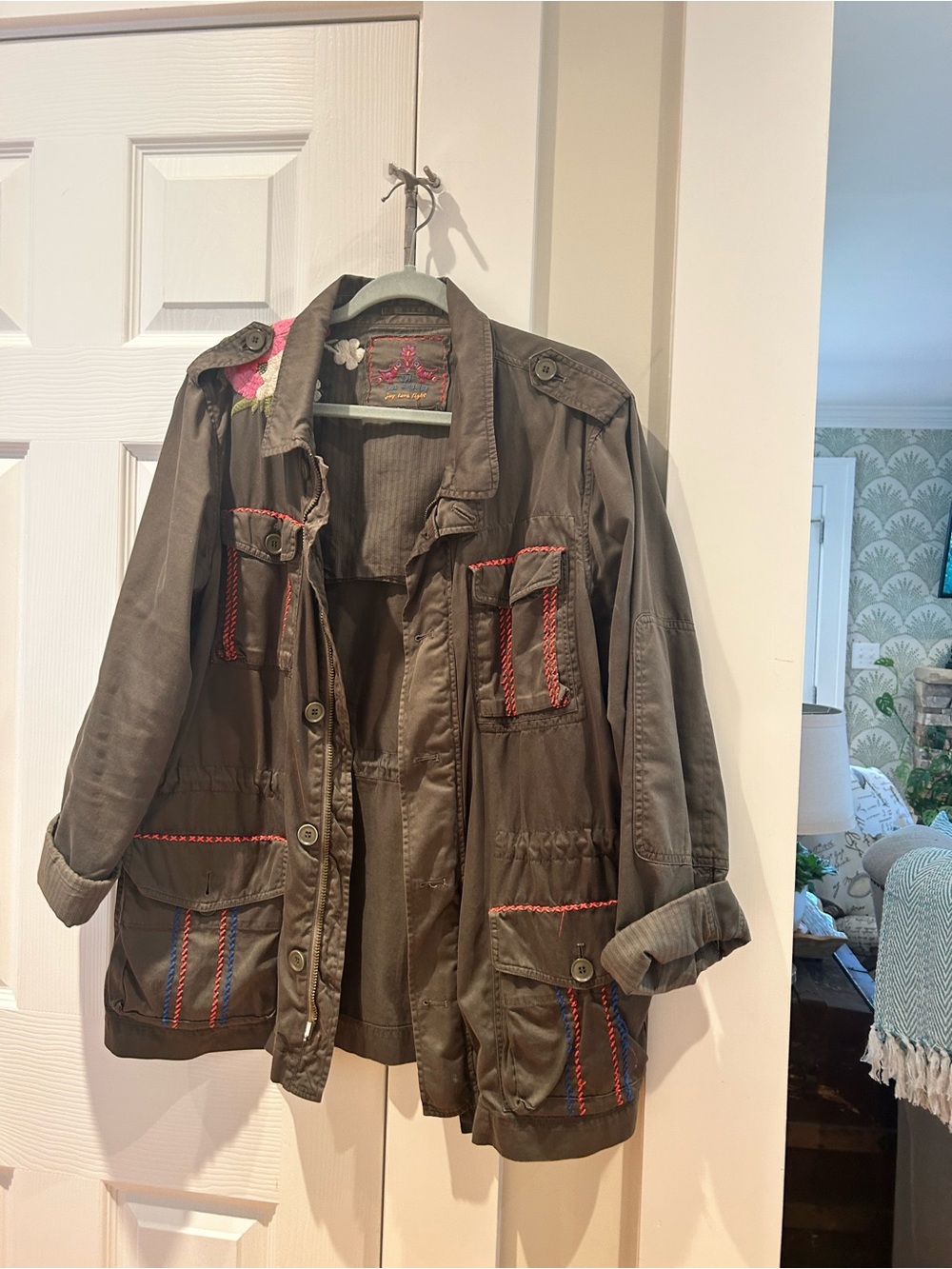 Embroidered Trim Utility Jacket in Olive